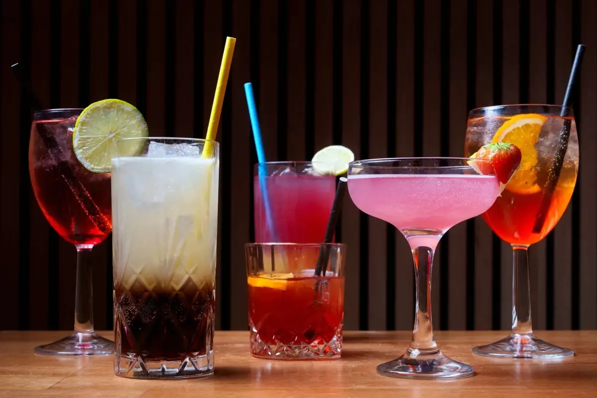A row of colourful cocktails on the bar at Bistro 1
